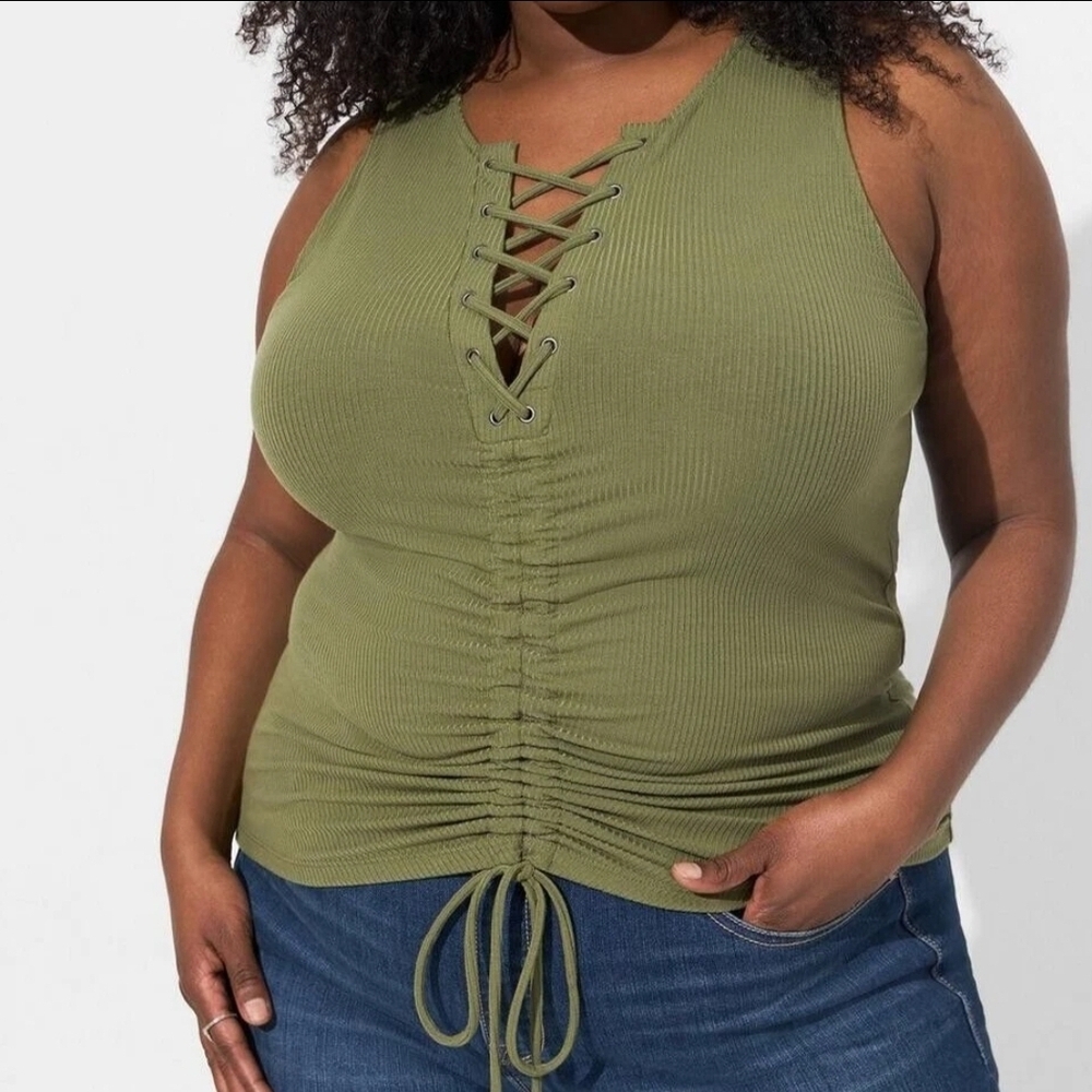 Torrid Sage Green Ruched Super Soft Lace Up Tank Top Size 1 Fairycore Summer
